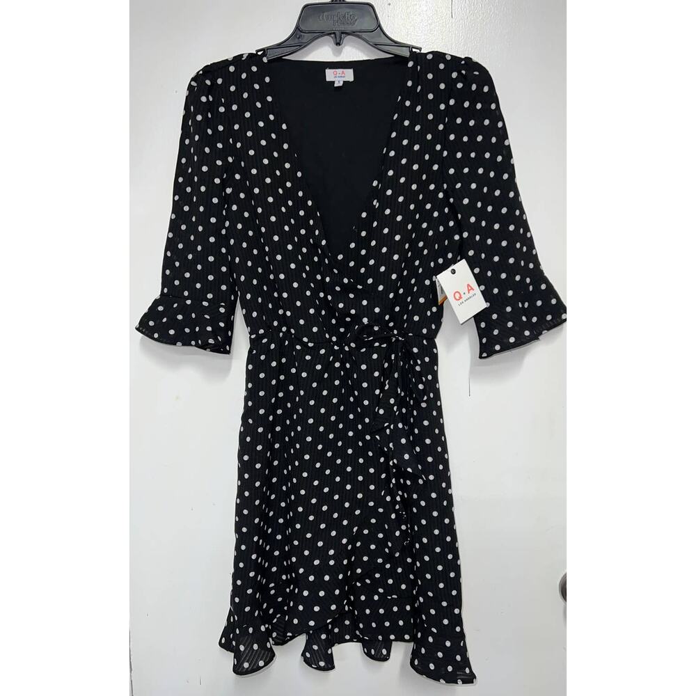 NWT Q+A Los Angeles Faux Wrap Dress Black & White Polka Dot S